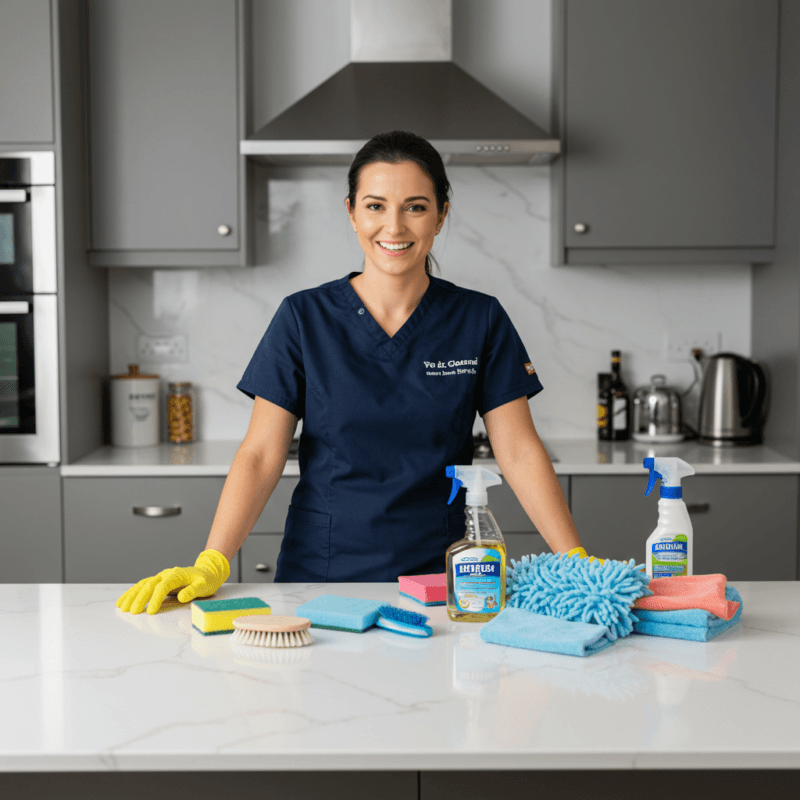 Professional house cleaner behind kitchen counter smiling, with cleaning products laid out, ready to share home cleaning tips.