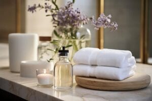 Clean and organized bathroom with sparkling surfaces and neatly arranged toiletries.