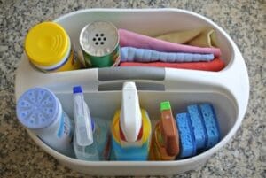 Essential bathroom cleaning tools and supplies organized in a caddy.