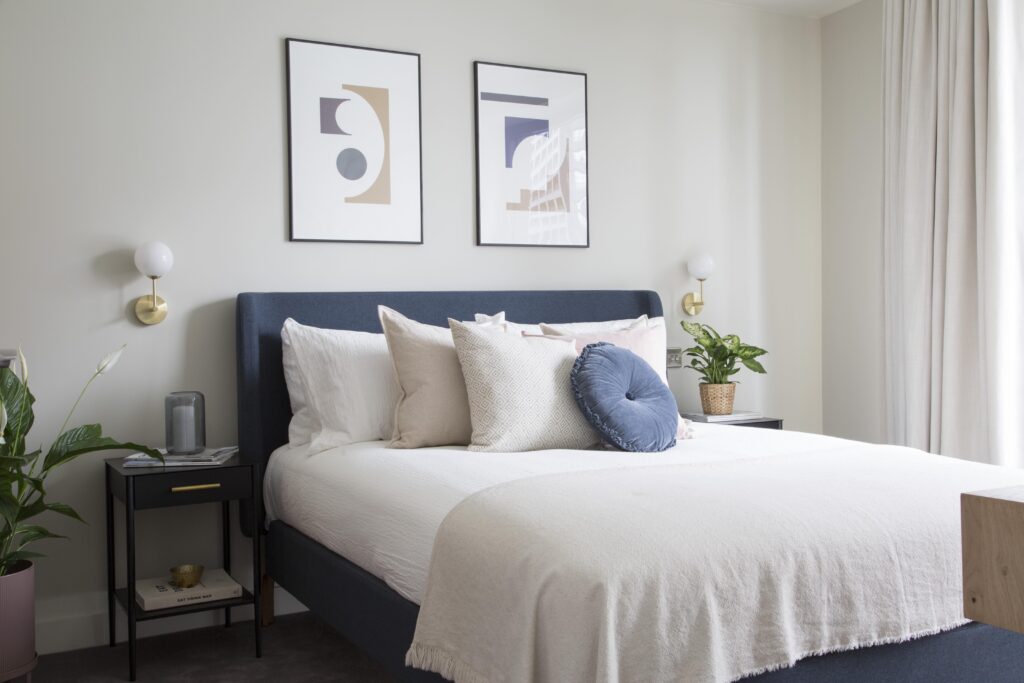 A peaceful and tidy bedroom designed for relaxation.