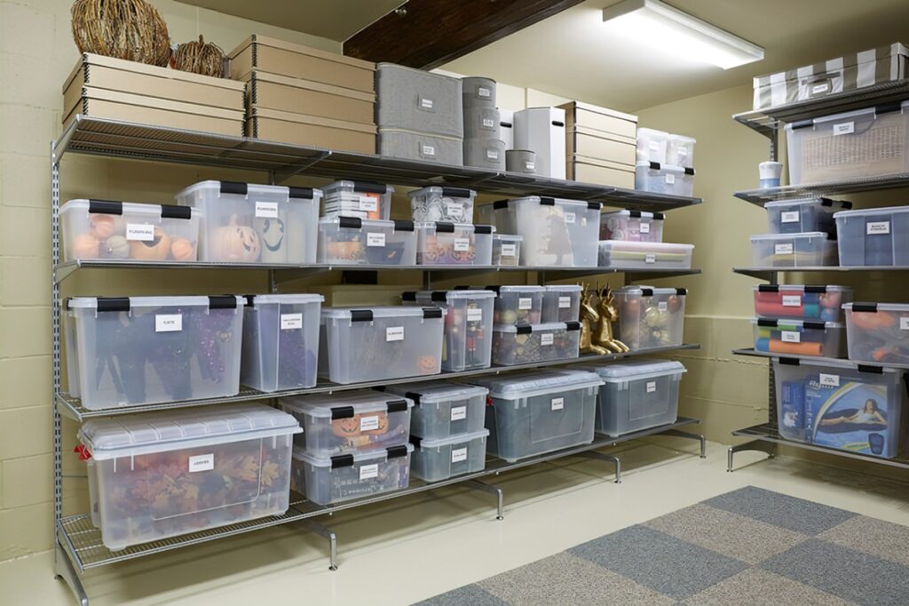 An organized storage area with neatly arranged shelves, bins, and baskets.