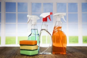 Cleaning products and tools for couch cleaning.