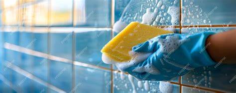 A person scrubbing bathroom tiles with a sponge and cleaning solution for a germ-free space.