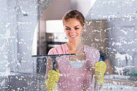 A person cleaning a window with a squeegee and spray bottle for a sparkling view.