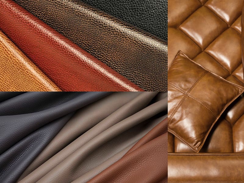 Close-up images of different types of leather: aniline, semi-aniline, pigmented, and suede, showcasing their unique textures.