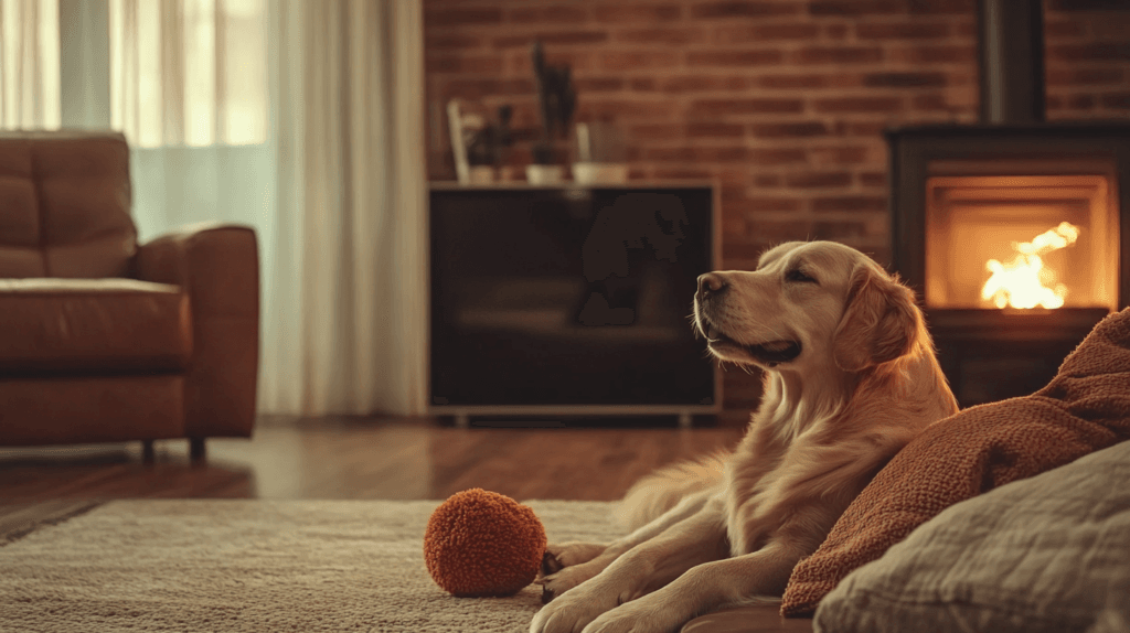 A clean, fur-free living room with happy pets, showcasing the result of effective pet hair management.