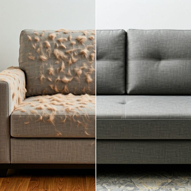 A comparison showing a piece of furniture with pet hair and another without, demonstrating the visual impact.