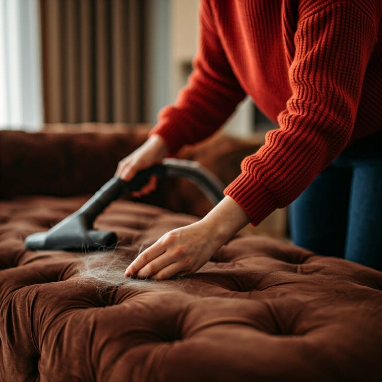 Professional cleaner using specialized equipment to remove pet hair from a couch.
