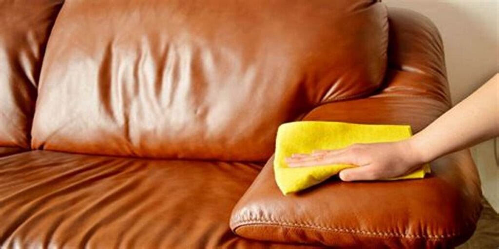 A person gently dusting a leather sofa with a yellow microfiber cloth to maintain its cleanliness.