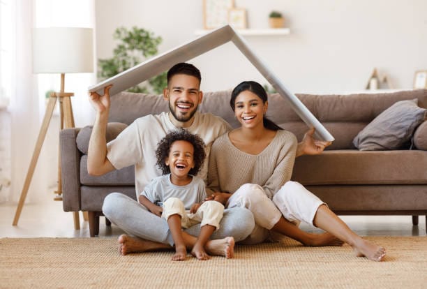 A happy family enjoying their time in a clean and organized home.