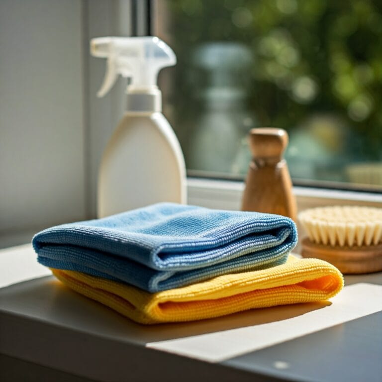 Microfiber cloth and natural cleaning products for an allergen-friendly cleaning routine.
