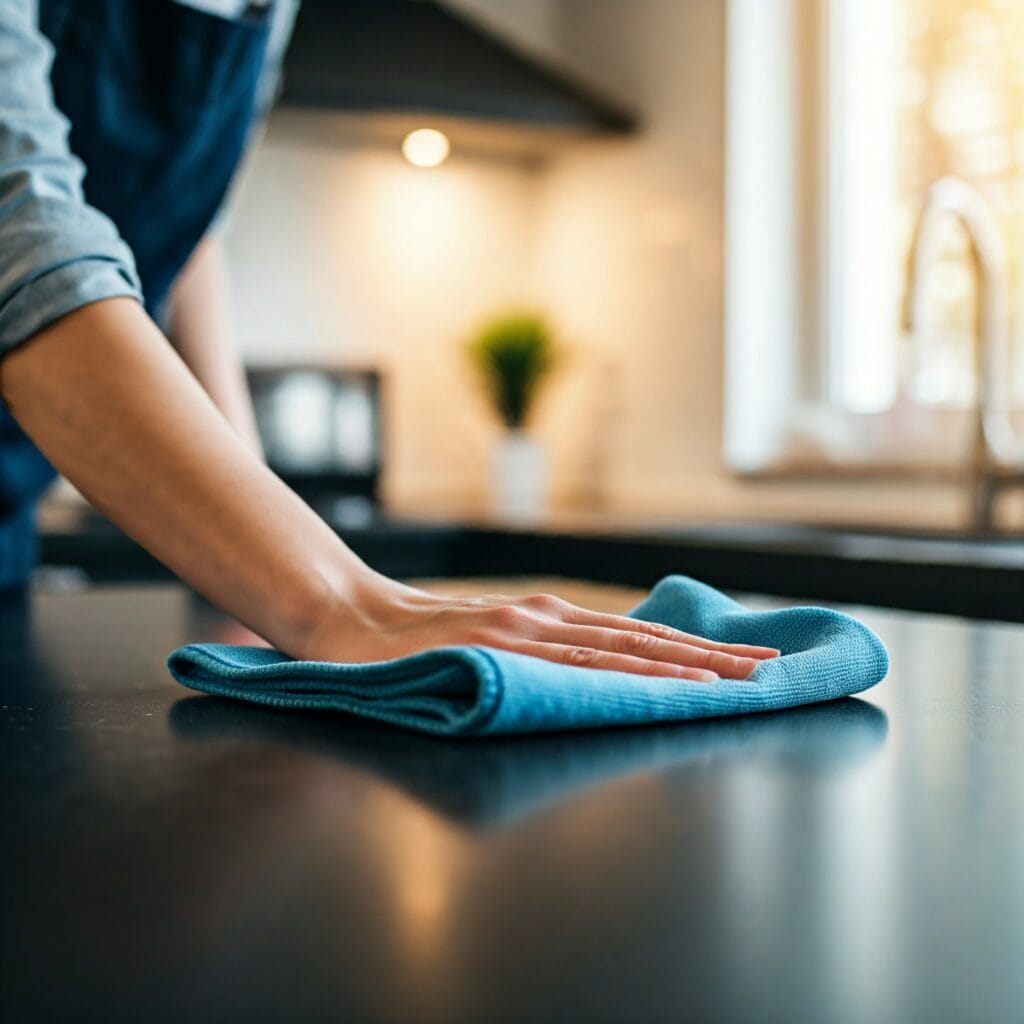 A person cleaning kitchen countertops with a microfiber cloth.