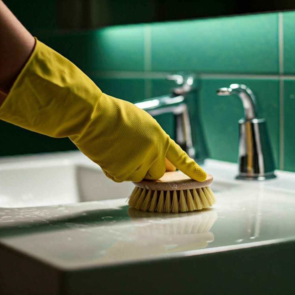 A person scrubbing a bathroom sink and faucet for a thorough clean.