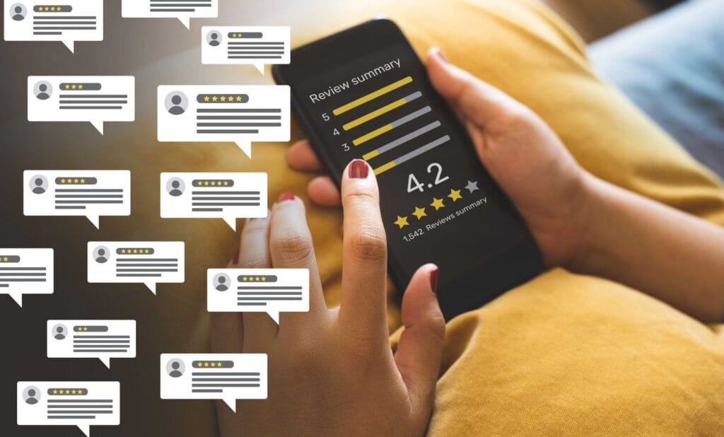 Phone showing a positive online review for a cleaning service, symbolizing support through digital feedback.