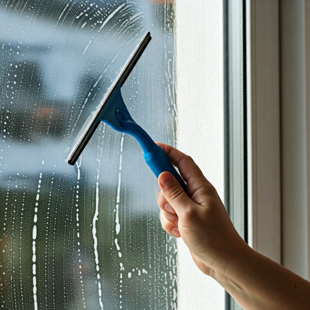 A person washing windows with a squeegee for a streak-free shine.