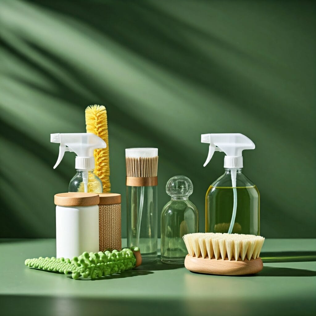 A selection of eco-friendly cleaning products and tools.