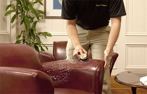 A professional cleaner using specialized equipment to deep clean leather furniture.