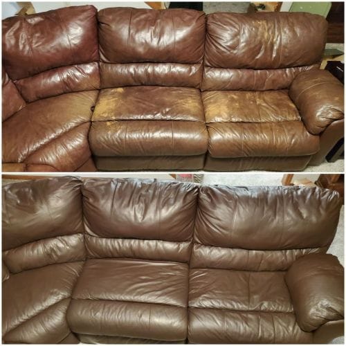 Comparison of leather surfaces: one cleaned with appropriate products, the other damaged by harsh chemicals.