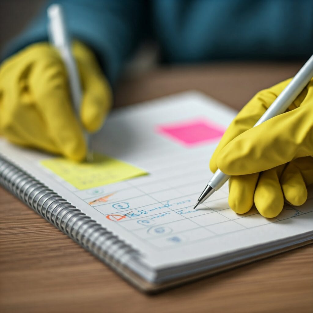 A person marking off tasks on a cleaning schedule planner.