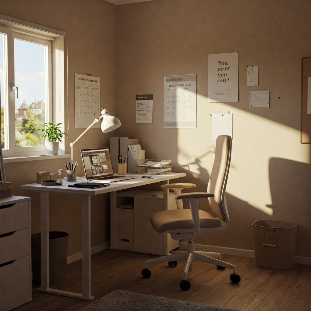 Clean home office, spring cleaning organization.