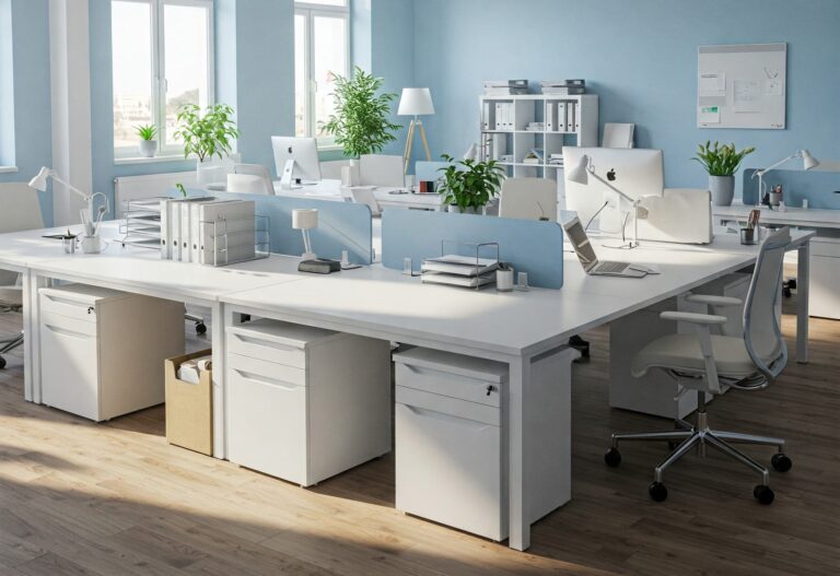 A clean and organized modern office with natural light, featuring sleek workstations and comfortable chairs.