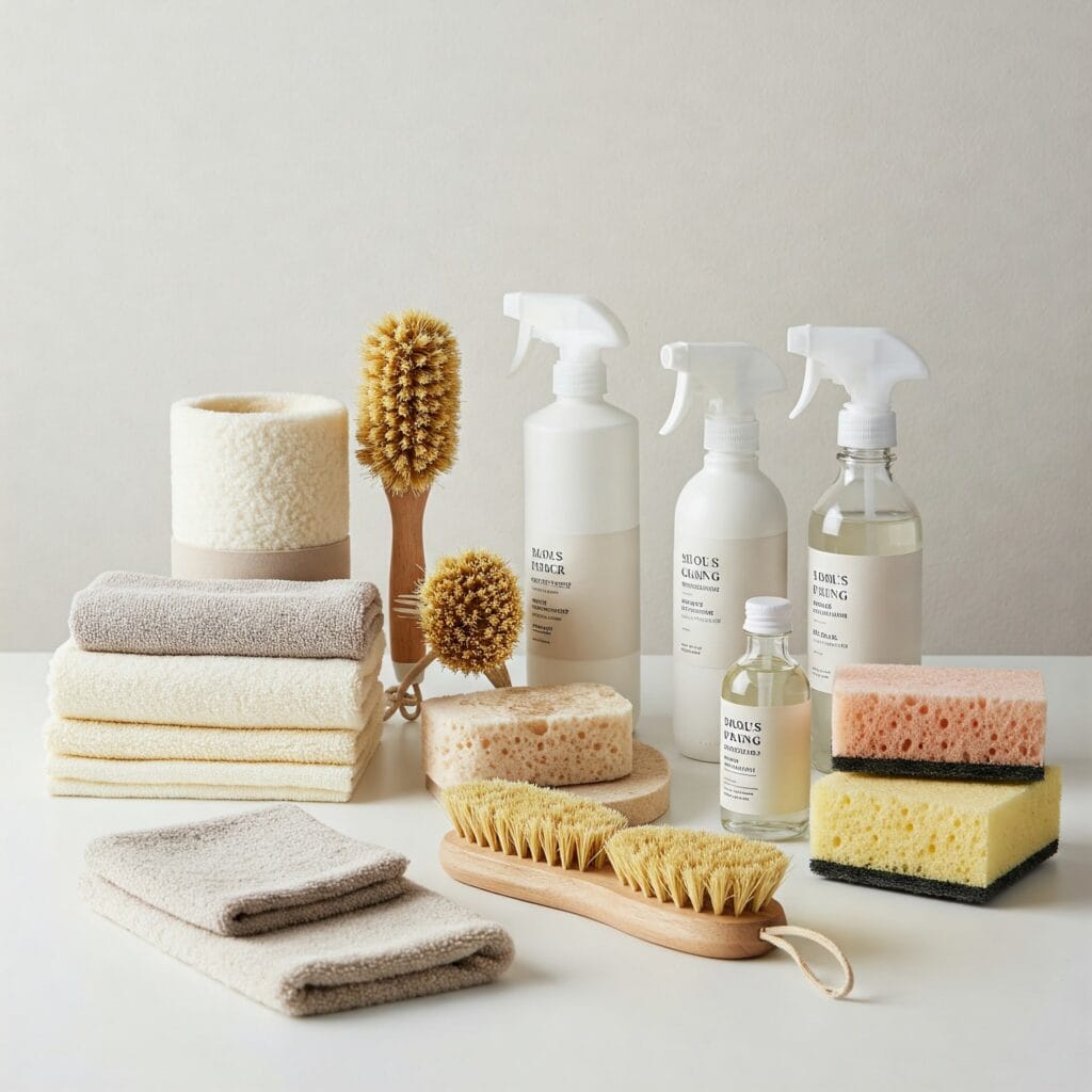 Cleaning supplies in a basket, spring cleaning essentials.