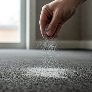 Dry powder carpet cleaning compound application.