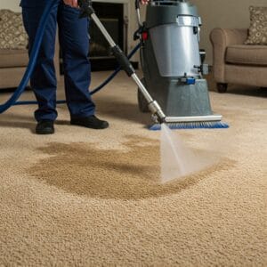 Professional carpet cleaning using hot water extraction method.