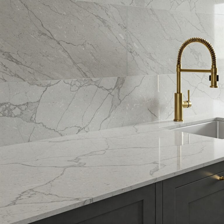Clean and elegant kitchen with white marble countertops and a dark grey backsplash.