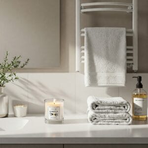 Freshly cleaned bathroom with guest essentials