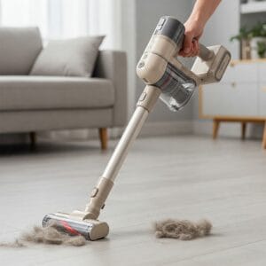 Vacuum cleaner with pet hair attachment for effective cleaning in a pet-friendly home.