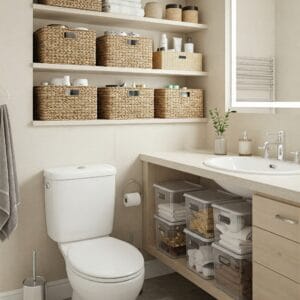 Organized bathroom shelves and under-sink storage with labeled bins.