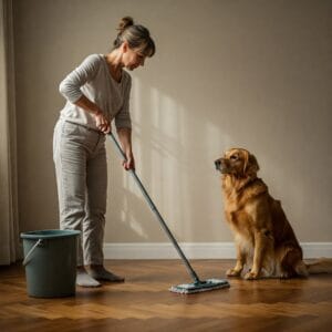 Pet owner cleaning floor with mop while their pet relaxes nearby.