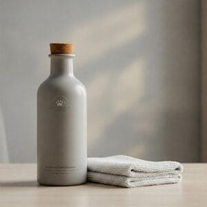 Eco-friendly pet-safe cleaner bottle with a microfiber cloth for pet-friendly cleaning.
