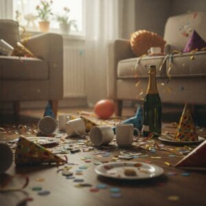 Living room cluttered with party mess including cups, plates, and decorations