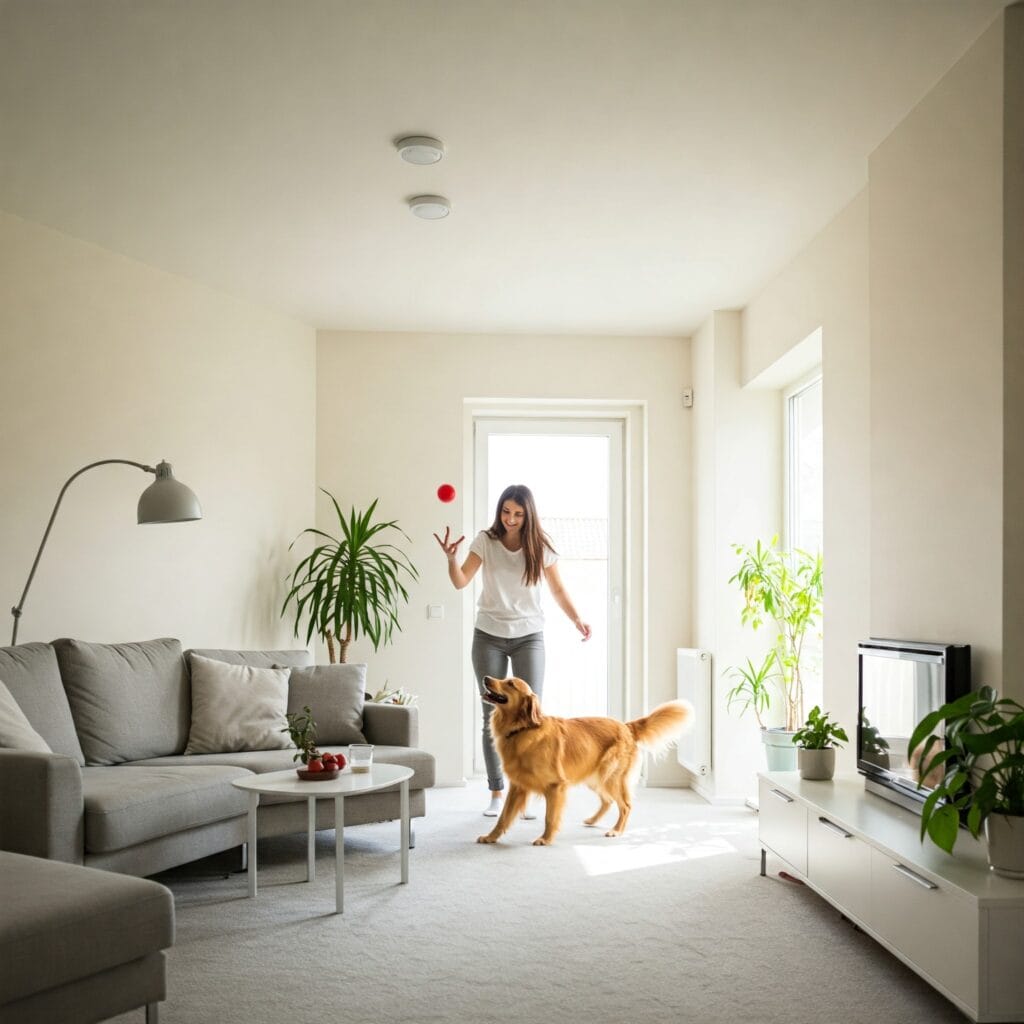 A person playing with her dog on a clean and bright living room.