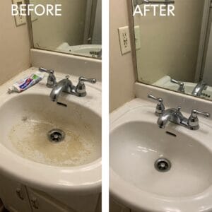 “Before and after bathroom sink cleaned during move-out”