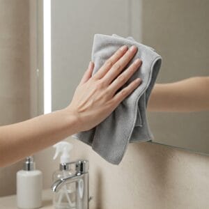 Hand wiping bathroom mirror with microfiber cloth and cleaner.