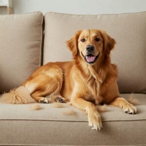 Pet dog relaxing on a couch with pet fur visible on the cushions.