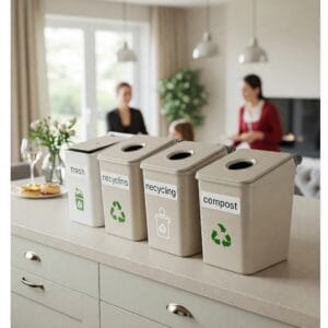Labeled trash and recycling bins for easy party cleanup