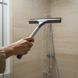 Person using a squeegee on a glass shower door to prevent water spots.