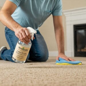 Natural cleaning solution being sprayed on carpet for odor control and stain removal.