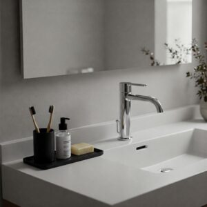 Minimalist and clutter-free bathroom countertop with organized essentials.
