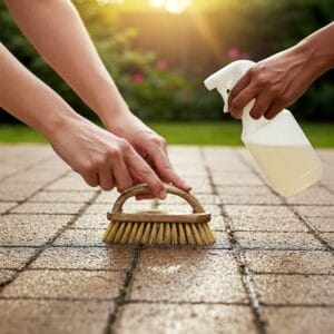 Scrubbing a concrete patio with a brush