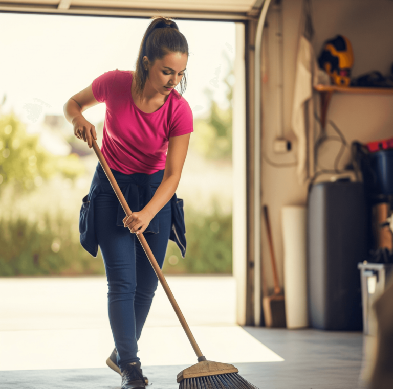 Person cleaning garage floor with broom