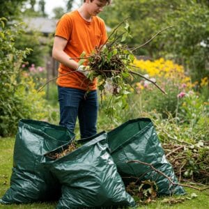 Homeowner cleaning backyard clutter