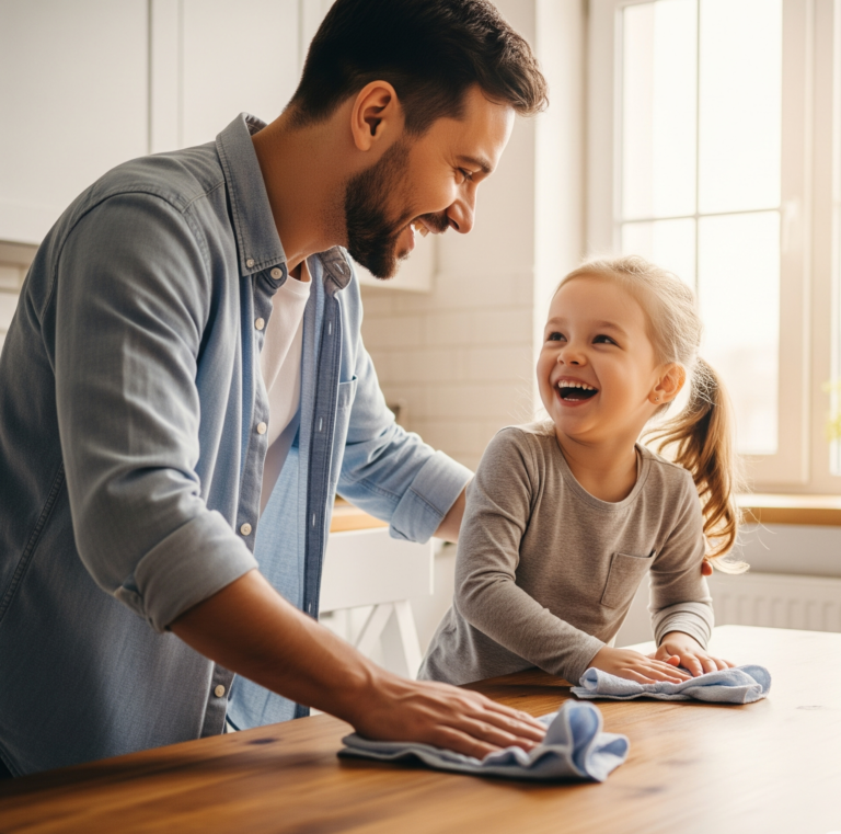 Smiling parent and young child wiping a table together in a bright room.
