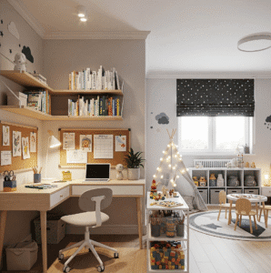 Organized kids’ bedroom after back to school cleaning