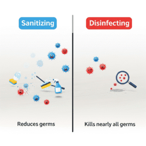 Disinfecting vs sanitizing comparison chart showing how each reduces germs