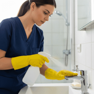 Professional cleaner disinfecting vs sanitizing a bathroom faucet with gloves